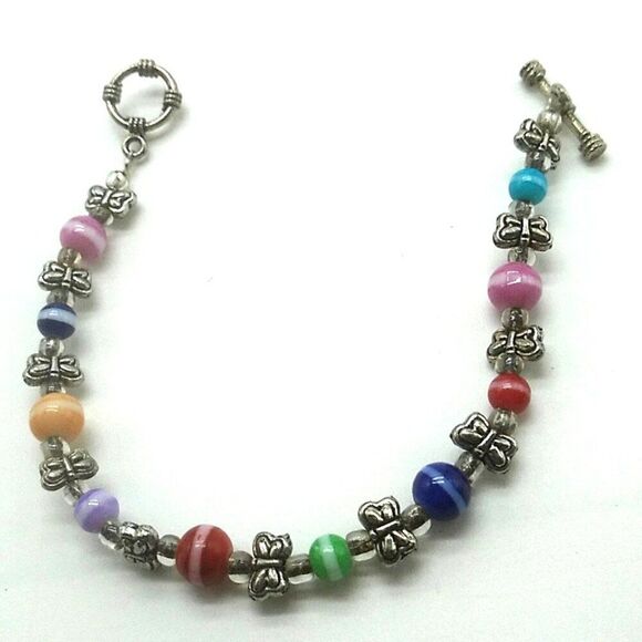 Colorful Rainbow Glass Beaded Toggle Bracelet-Anklet w Silver-tone Butterflies - Picture 3 of 15
